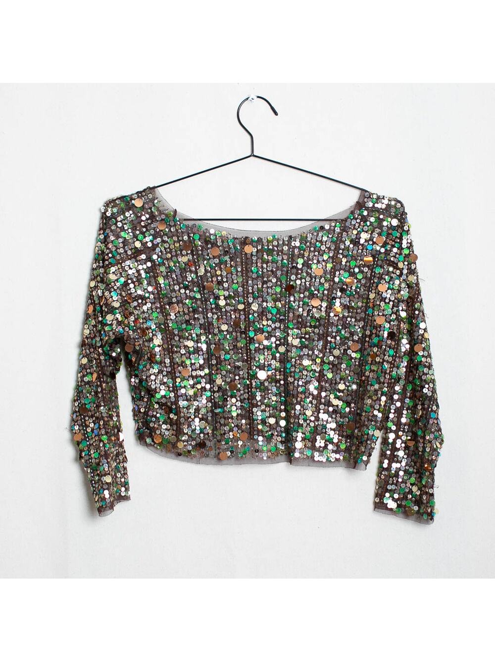 Vintage Sequin Crop Top Brown Mesh Green Silver Gold Scoop Neck Long Sleeve S/M